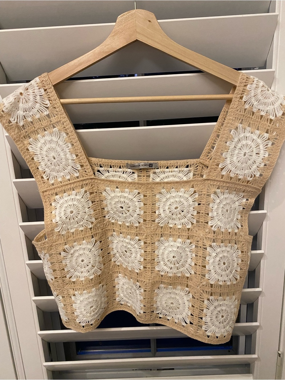 Pretty Crochet Square-Panel Tank Top - Beige & White Crop Tanmoon Brand